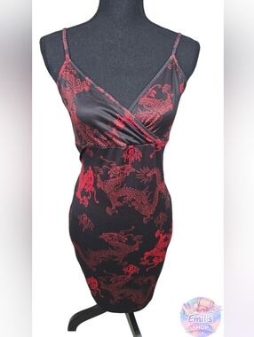 SHEIN Black Slip Midi Dress with Red Dragon Print